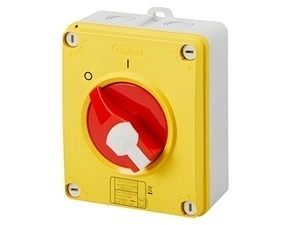 Vačkový vypínač nástěnný GEWISS GW70432P, 0/1 emergency, 16 a 3p, uzamyk. červený knoflík, IP65