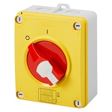 Vačkový vypínač nástěnný GEWISS GW70432P, 0/1 emergency, 16 a 3p, uzamyk. červený knoflík, IP65