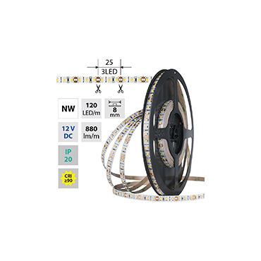 MCLED LED pásek SMD2835 NW, 120LED/m, 9,6W/m, DC 12V, 880lm/m, CRI90, IP20, 8mm, 50m