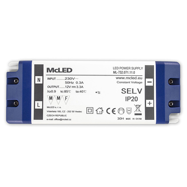LED driver napěťový MC LED 40W, DC 12V/3,3A, IP20, plastové provedení se svorkovnicí