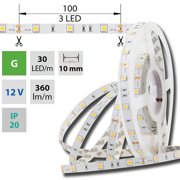 LED pásek MC LED SMD5050 G, 30LED/m, 7,2W/m, 360lm/m, IP20, DC 12V, 10mm, 5m