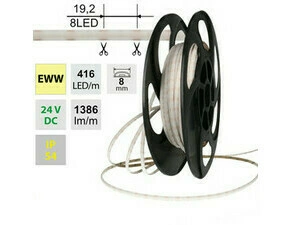 LED pásek MC LED SOB EWW, 416LED/m, 14W/m, DC 24V, 1386lm/m, CRI90, IP54, modul 19,2mm, 8mm, 5m