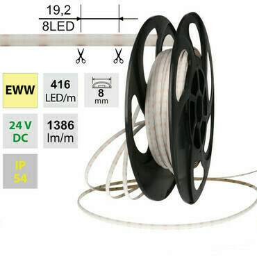 LED pásek MC LED SOB EWW, 416LED/m, 14W/m, DC 24V, 1386lm/m, CRI90, IP54, modul 19,2mm, 8mm, 5m