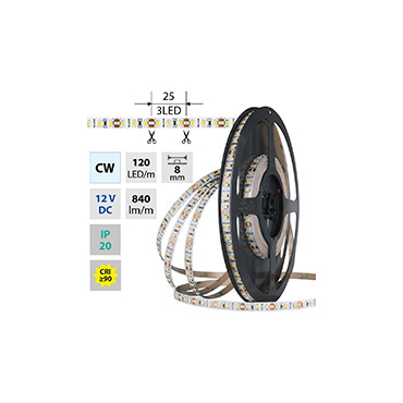 MCLED LED pásek SMD2835 CW, 120LED/m, 9,6W/m, DC 12V, 840lm/m, CRI90, IP20, 8mm, 50m
