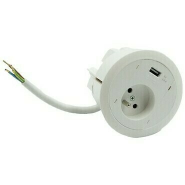 Vestavná stolní zásuvka: 1 zásuvka+USB nabíječka, připojení pomocí 15cm kabelu bez zástrčky, bílá