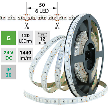 LED pásek MC LED SMD5050 G, 120LED/m, 28,8W/m, 1440lm/m, IP20, DC 24V, 12mm, 5m