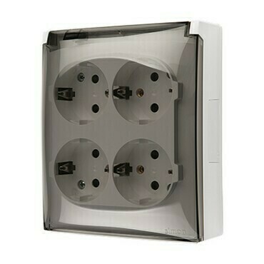 Zásuvka Schuko SIMON AQUACLICK ACGSZ4/11A, 4 nás., IP44, cl., průhl. víčko, 16A/250V~, šr. sv., bílá