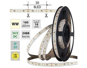 LED pásek MC LED SMD2835 WW, 160LED/m, 19,2W/m, DC 24V, 2488lm/m, CRI90, IP20, 10mm, 5m