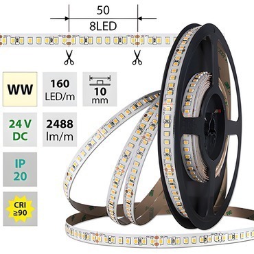 LED pásek MC LED SMD2835 WW, 160LED/m, 19,2W/m, DC 24V, 2488lm/m, CRI90, IP20, 10mm, 5m