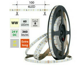 LED pásek MC LED SMD2835 WW, 60LED/m, 4,8W/m, DC 24V, 360lm/m, CRI90, IP54, 8mm, 5m