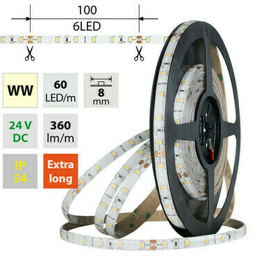 LED pásek MC LED SMD2835 WW, 60LED/m, 4,8W/m, DC 24V, 360lm/m, CRI90, IP54, 8mm, 5m