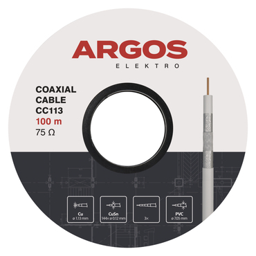 Kabel koaxiální ARGOS CC113, PVC, vodič 1,13 mm, plášť 7,05 mm, vnitřní, bílá, 100 m