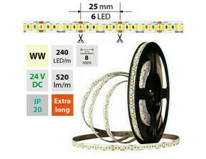 LED pásek MC LED SMD2835 WW, 240LED/m, 6W/m, DC 24V, 520lm/m, CRI90, IP20, 8mm, 5m