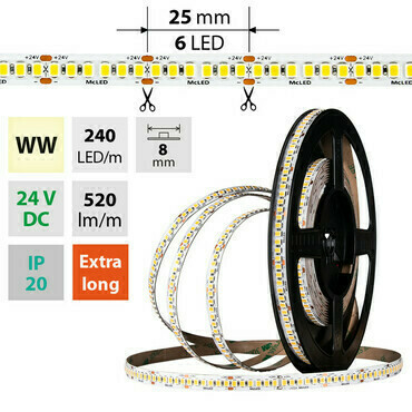 LED pásek MC LED SMD2835 WW, 240LED/m, 6W/m, DC 24V, 520lm/m, CRI90, IP20, 8mm, 5m