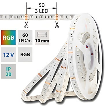 LED pásek MC LED SMD5050 RGB, 60LED/m, 14,4W/m, DC 12V, 560lm/m, IP20, 10mm, 50m
