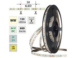 LED pásek MC LED SMD2835 WW, 120LED/m, 9,6W/m, DC 24V, 800lm/m, CRI90, IP20, 8mm, 5m