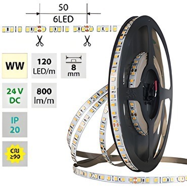 LED pásek MC LED SMD2835 WW, 120LED/m, 9,6W/m, DC 24V, 800lm/m, CRI90, IP20, 8mm, 5m