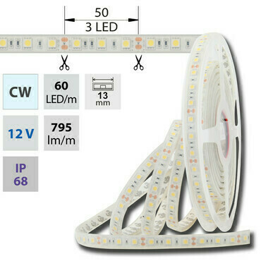 LED pásek MC LED SMD5050 CW, 60LED/m, 14,4W/m, 1180lm/m, IP68, DC 12V, 13mm, 5m