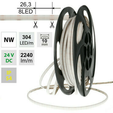 LED pásek MC LED SOB NW, 304LED/m, 19W/m, DC 24V, 2240lm/m, CRI90, IP54, modul 26,3mm, 10mm, 5m
