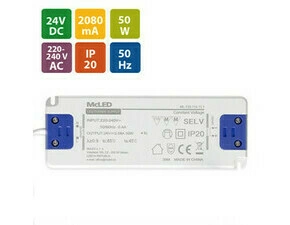 MC LED Napájecí zdroj 50W, DC 24V/2,08A, IP20, plastové provedení se svorkovnicí a bílým přívodním