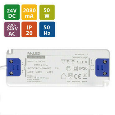 MC LED Napájecí zdroj 50W, DC 24V/2,08A, IP20, plastové provedení se svorkovnicí a bílým přívodním