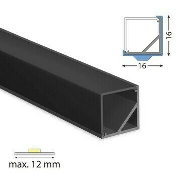 MC LED Rohový hliníkový profil černý RI 16x16mm včetně černého difuzoru 1 m