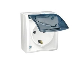 Zásuvka Schuko SIMON AQUARIUS AQGSZ1/11A, 1 nás., IP54, průhl. víčko, 16A/250V~, šr. sv., bílá