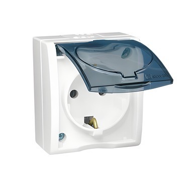 Zásuvka Schuko SIMON AQUARIUS AQGSZ1Z/11A, 1 nás., IP54, cl., průhl. víčko, 16A/250V~, šr. sv., bílá