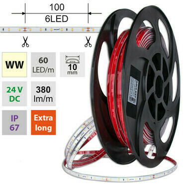 LED pásek MC LED SMD2835 WW, 60LED/m, 4,8W/m, DC 24V, 380lm/m, CRI90, IP67, 10mm, 50m