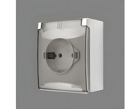 Zásuvka Schuko SIMON AQUACLICK ACGSZ1C/11A, 1 nás., IP44, průhl. víčko, 16A/250V~, bezšr. sv., bílá