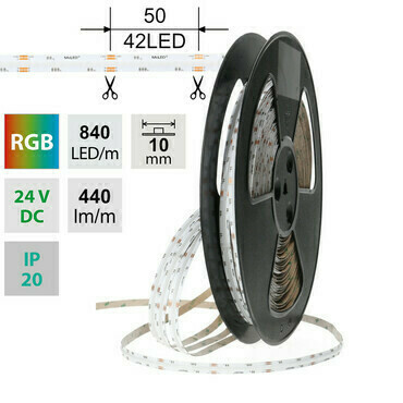 LED pásek MC LED COB RGB, 840LED/m, 15W/m, DC 24V, 440lm/m, IP20, modul 50mm, 10mm, 5m