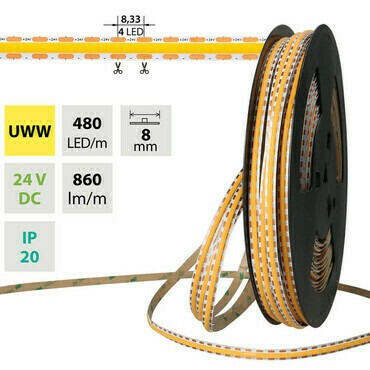 LED pásek MC LED COB UWW, 480LED/m, 12W/m, DC 24V, 860lm/m, CRI90, IP20, modul 8,33mm, 8mm, 5m