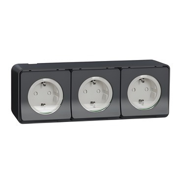 SCHN MUR36038 Mureva Styl - Kompletní zásuvka trojitá 16A Schuko, clonky, bezšroubová, IP55, povrcho