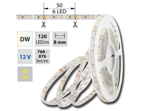 LED pásek MC LED SMD3528 dual white WW-CW, 120LED/m, 9,6W/m, 676lm/m, IP54, DC 12V, 8mm, 5m