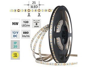 LED pásek MC LED SMD2835 NW, 120LED/m, 9,6W/m, DC 12V, 880lm/m, CRI90, IP20, 8mm, 50m