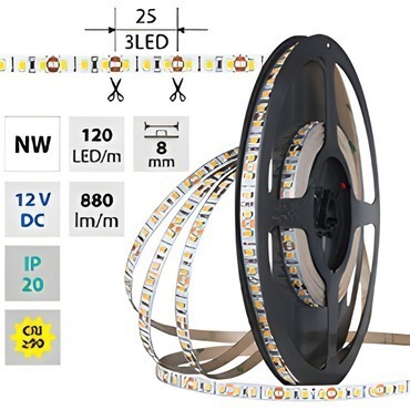 LED pásek MC LED SMD2835 NW, 120LED/m, 9,6W/m, DC 12V, 880lm/m, CRI90, IP20, 8mm, 50m