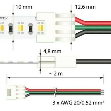 Konektor Připojovací MC LED double white LED pásků 10 mm, 3 piny, délka 2 metry, 20AWG, max. 3 A
