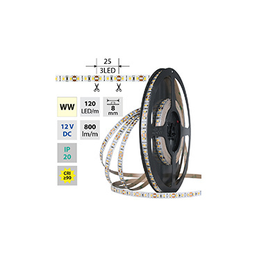 MCLED LED pásek SMD2835 WW, 120LED/m, 9,6W/m, DC 12V, 800lm/m, CRI90, IP20, 8mm, 50m