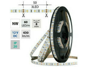 LED pásek MC LED SMD2835 NW, 60LED/m, 4,8W/m, DC 12V, 430lm/m, CRI90, IP20, 8mm, 50m