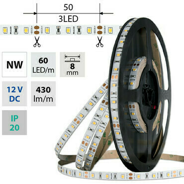 LED pásek MC LED SMD2835 NW, 60LED/m, 4,8W/m, DC 12V, 430lm/m, CRI90, IP20, 8mm, 50m