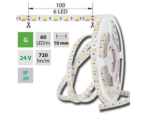 LED pásek MC LED SMD5050 G, 60LED/m, 14,4W/m, DC 24V, 720lm/m, IP20, 10mm, 5m
