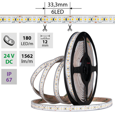 LED pásek MC LED SMD3528FM, 180LED/m, IP67, DC 24V, 10mm, bílý PCB pásek, 5m, potraviny-maso