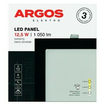 ARGOS LED panel vestavný, čtverec 12,5W 1050LM IP20 CCT - Černá