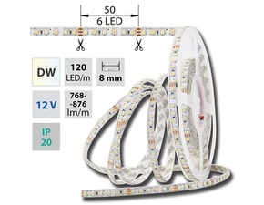 LED pásek MC LED SMD3528 dual white EWW-CW, 120LED/m, 9,6W/m, 720lm/m, IP20, DC 12V, 8mm, 50m