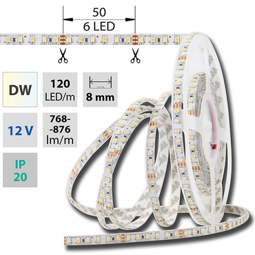 LED pásek MC LED SMD3528 dual white EWW-CW, 120LED/m, 9,6W/m, 720lm/m, IP20, DC 12V, 8mm, 50m