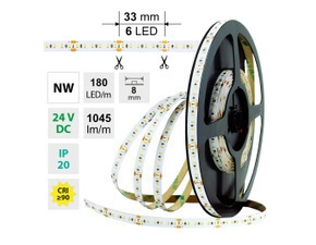 LED pásek MC LED SMD2216 NW, 180LED/m, 12W/m, DC 24V, 1045lm/m, CRI90, IP20, 8mm, 30m