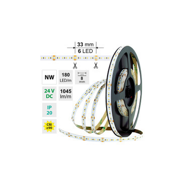 MCLED LED pásek SMD2216 NW, 180LED/m, 12W/m, DC 24V, 1045lm/m, CRI90, IP20, 8mm, 30m