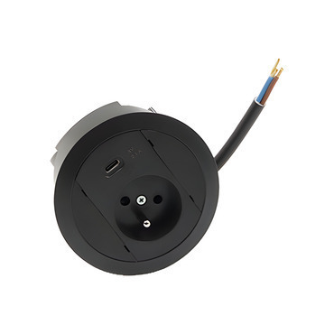 Vestavná stolní zásuvka: 1 zásuvka+USB nabíječka, připojení pomocí 15cm kabelu bez zástrčky, černá