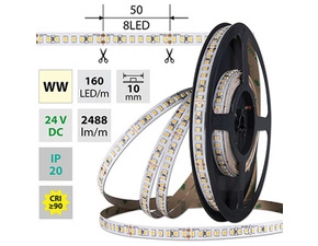 LED pásek MC LED SMD2835 WW, 160LED/m, 19,2W/m, DC 24V, 2488lm/m, CRI90, IP20, 10mm, 5m