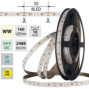 LED pásek MC LED SMD2835 WW, 160LED/m, 19,2W/m, DC 24V, 2488lm/m, CRI90, IP20, 10mm, 5m